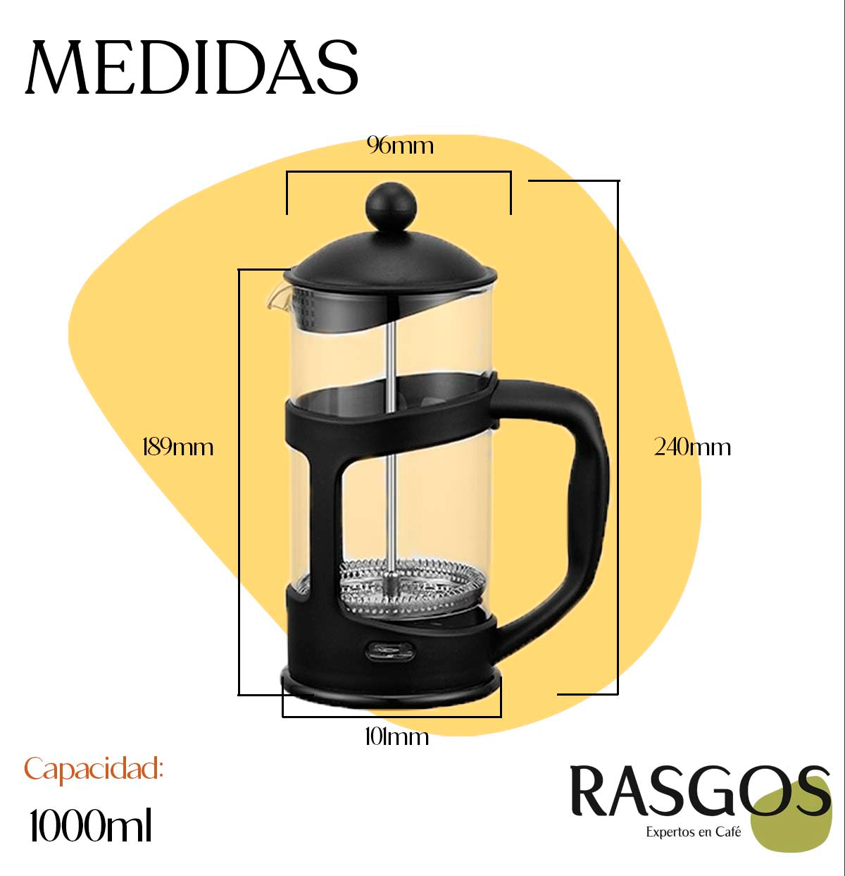 Cafetera Prensa Francesa Negra RASGOS Disponible en 350ml-600ml-800ml-1000ml