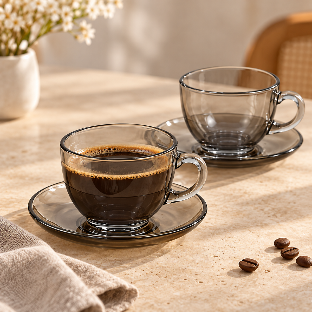 Set Tazas para Café + Plato 12 Piezas Vidrio Ahumado 150ml