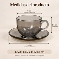 Set Tazas para Café + Plato 12 Piezas Vidrio Ahumado 150ml