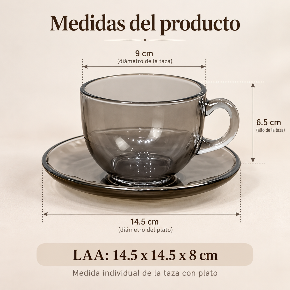 Set Tazas para Café + Plato 12 Piezas Vidrio Ahumado 150ml