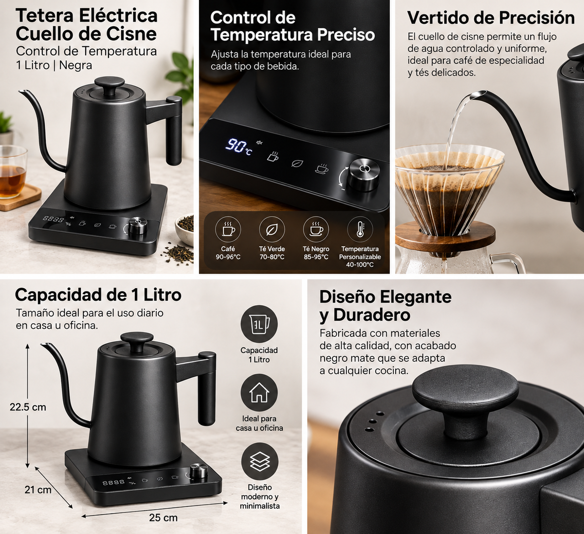 Tetera Eléctrica Cuello de Cisne con Control de Temperatura 1Litro Negra