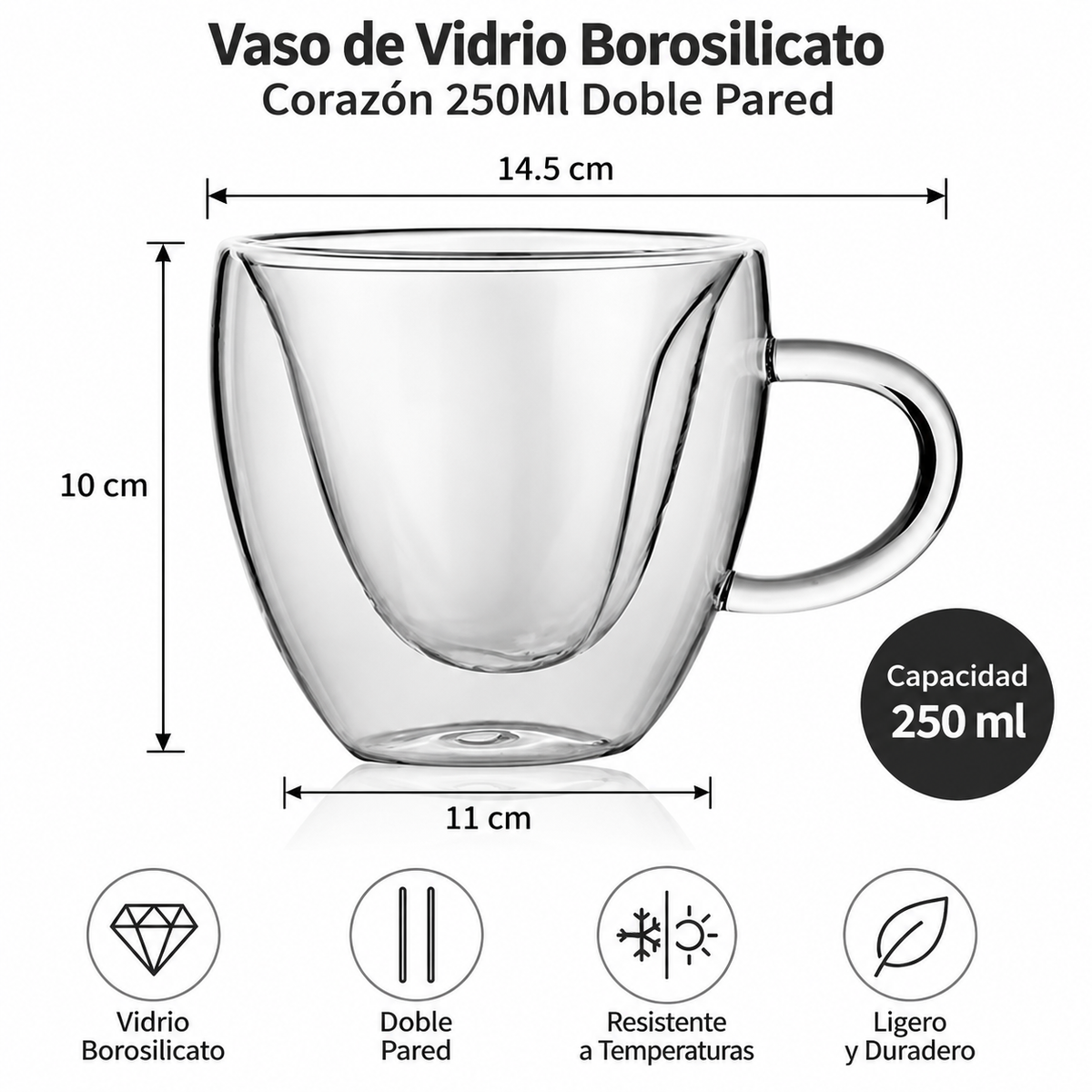 Vaso de Vidrio Borosilicato Corazón 250Ml Doble Pared