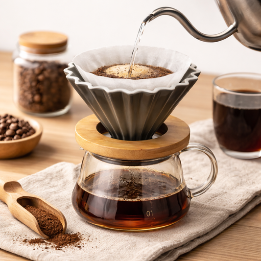 Cafetera Dripper Origami Negro Flower Ceramico 01 con Base de Madera