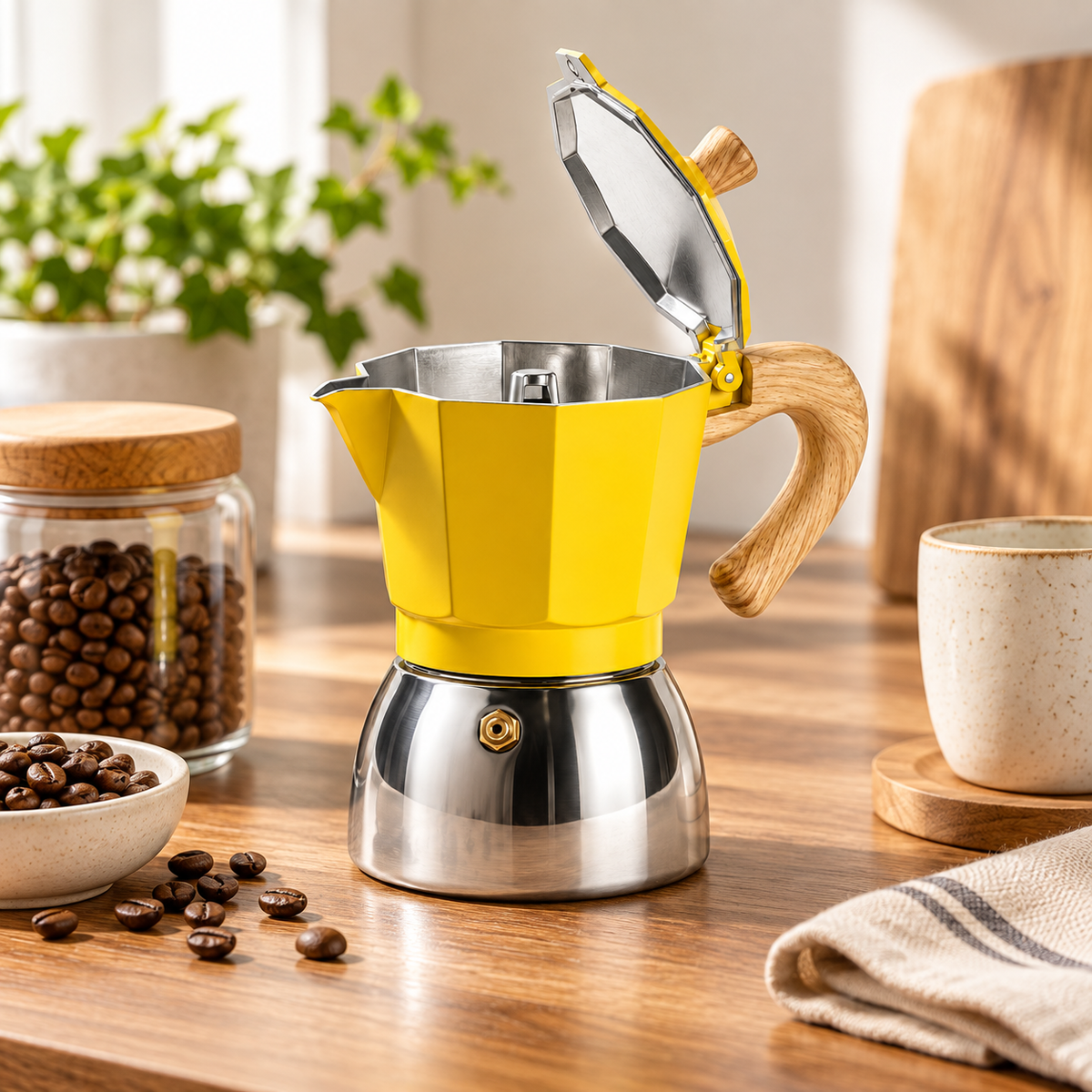 Cafetera Italiana Moka Amarilla 12 Tazas Base Acero Inoxidable