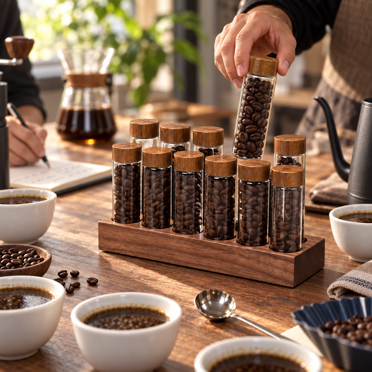 Set Dosificador de Cafe con 12 Tubos de Vidrio y Base de Madera