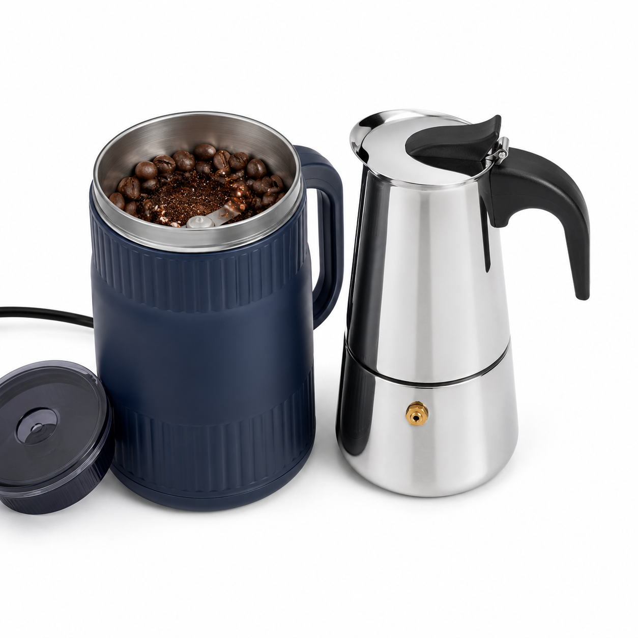 Kit Cafetera Moka Italiana de Acero Inoxidable + Molino Electrico 125g