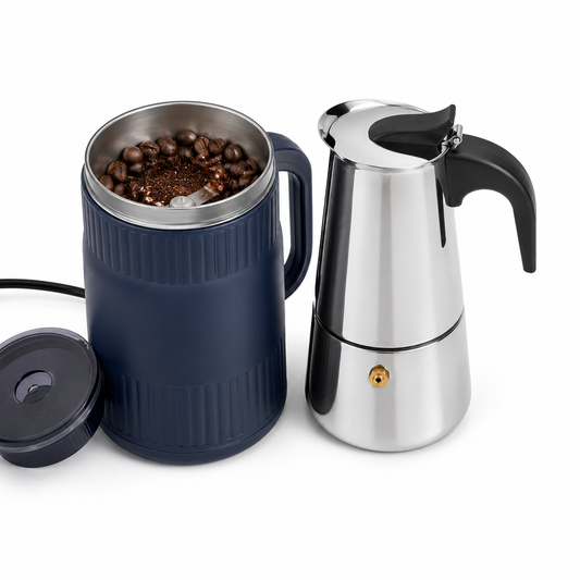 Kit Cafetera Moka Italiana de Acero Inoxidable + Molino Electrico 125g