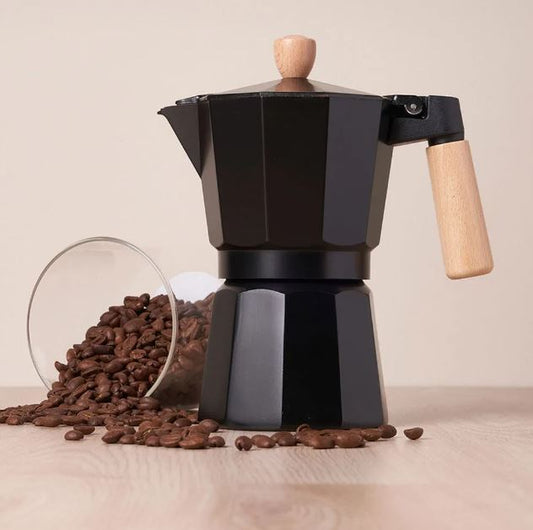 Cafetera Italiana Moka Negra con Mango en Madera 300ml  Café con Cuerpo
