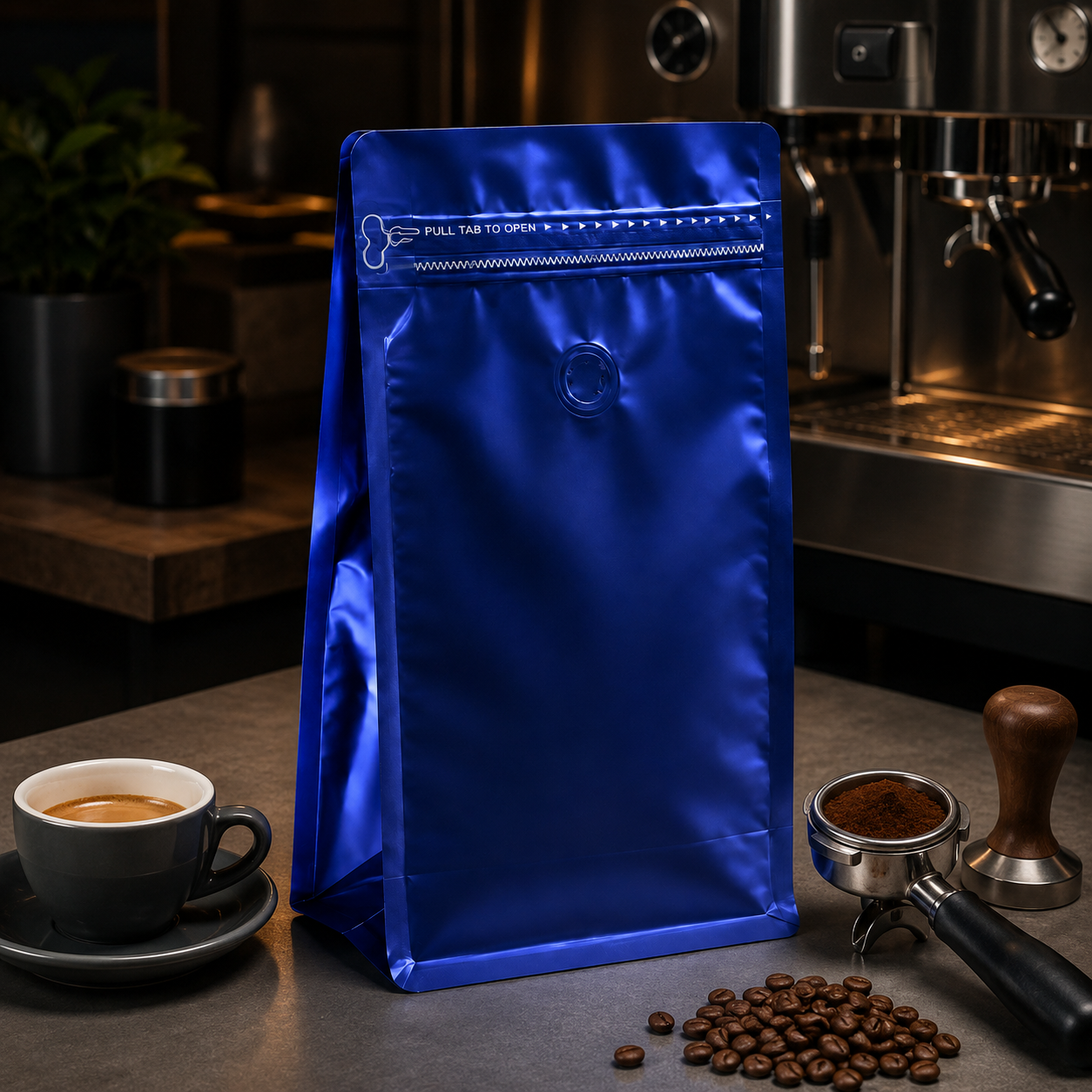 Bolsa Azul Metalizada Empaque para Cafe 250 g con Valvula y Zipper x 50 Unidades