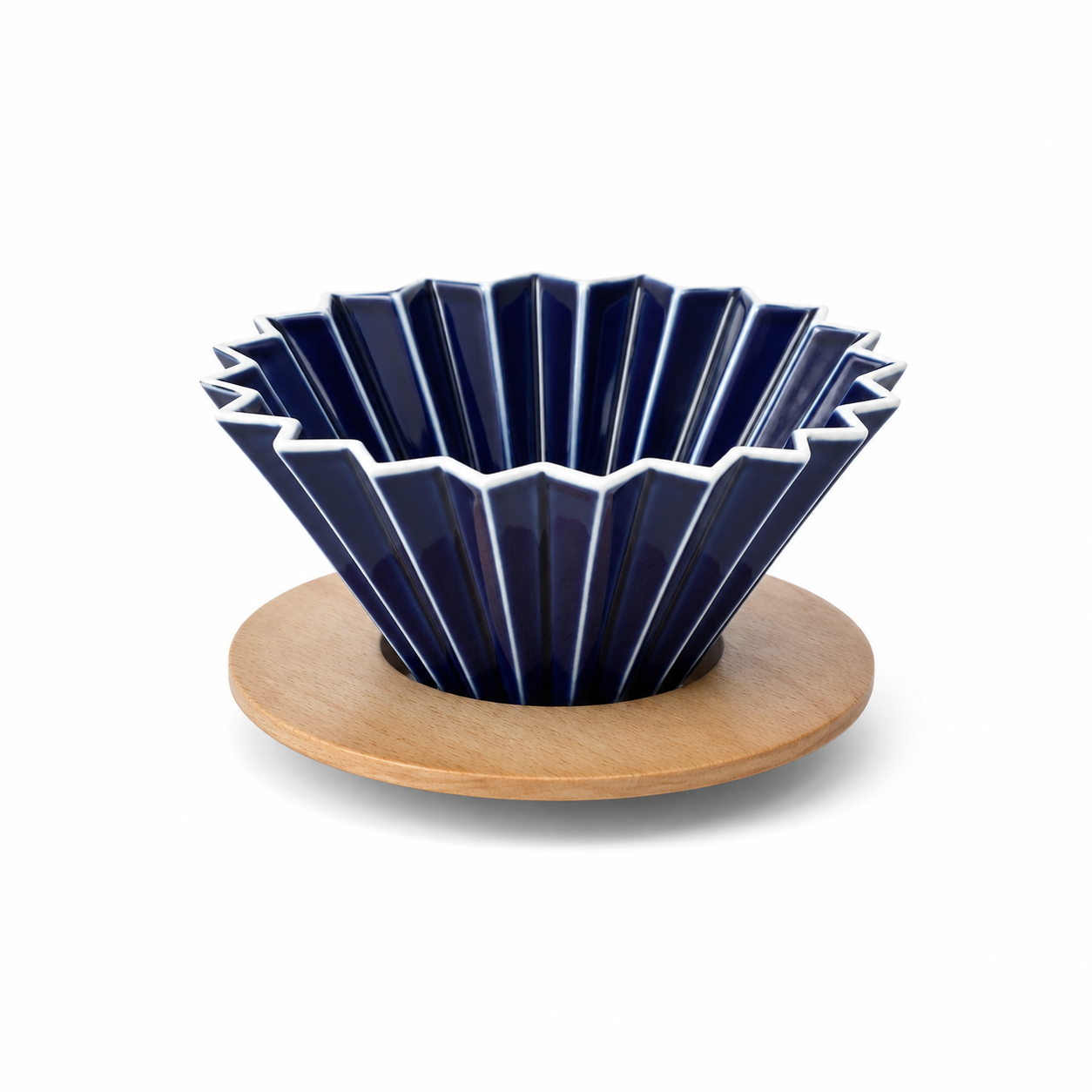 Dripper Tipo Origami Ceramica Azul Tamaño 01 con Base de Madera