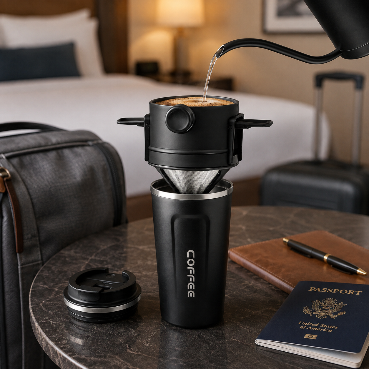 Kit Cafe Viajero con Termo Termico 510 ml y Filtro Reutilizable Portatil Acero V60