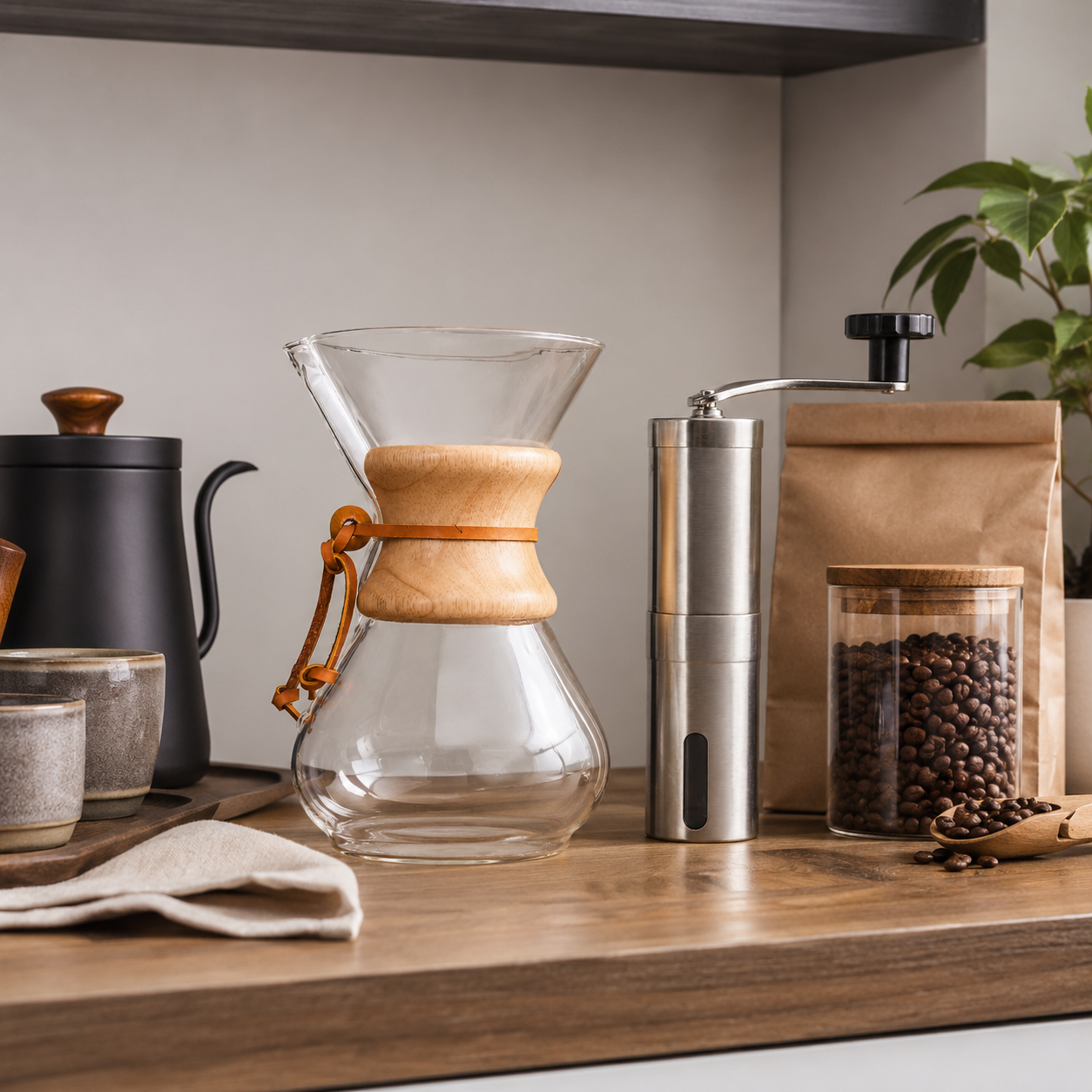 Kit de Cafe Cafetera Metodo Tipo Chemex 400ml con Molino Manual Acero Inoxidable
