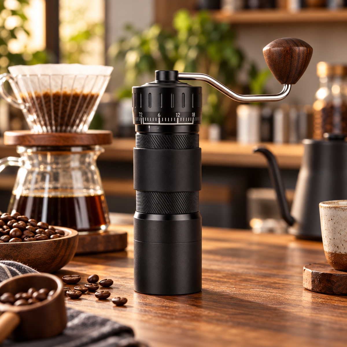 Molino Cafe Conico en Acero Inoxidable Manual Ajustable por 72 Clics Negro