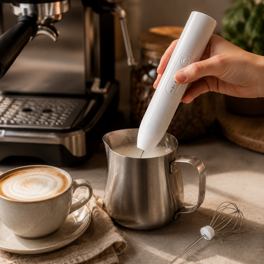 Batidor Espumador de Leche Recargable USB-C con 2 Cabezales