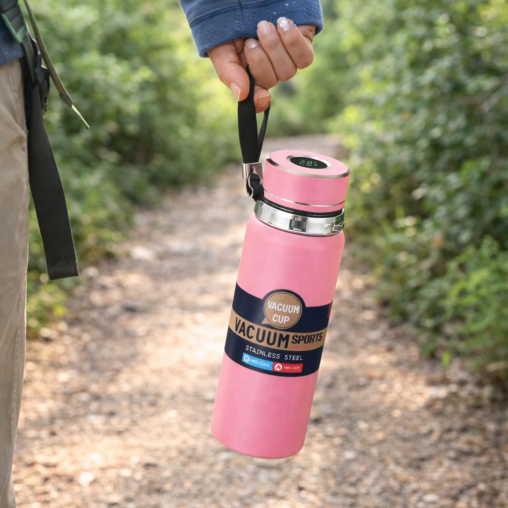 Termo Termico con Termometro en Pantalla Digital Rosado 600ml Acero Inox