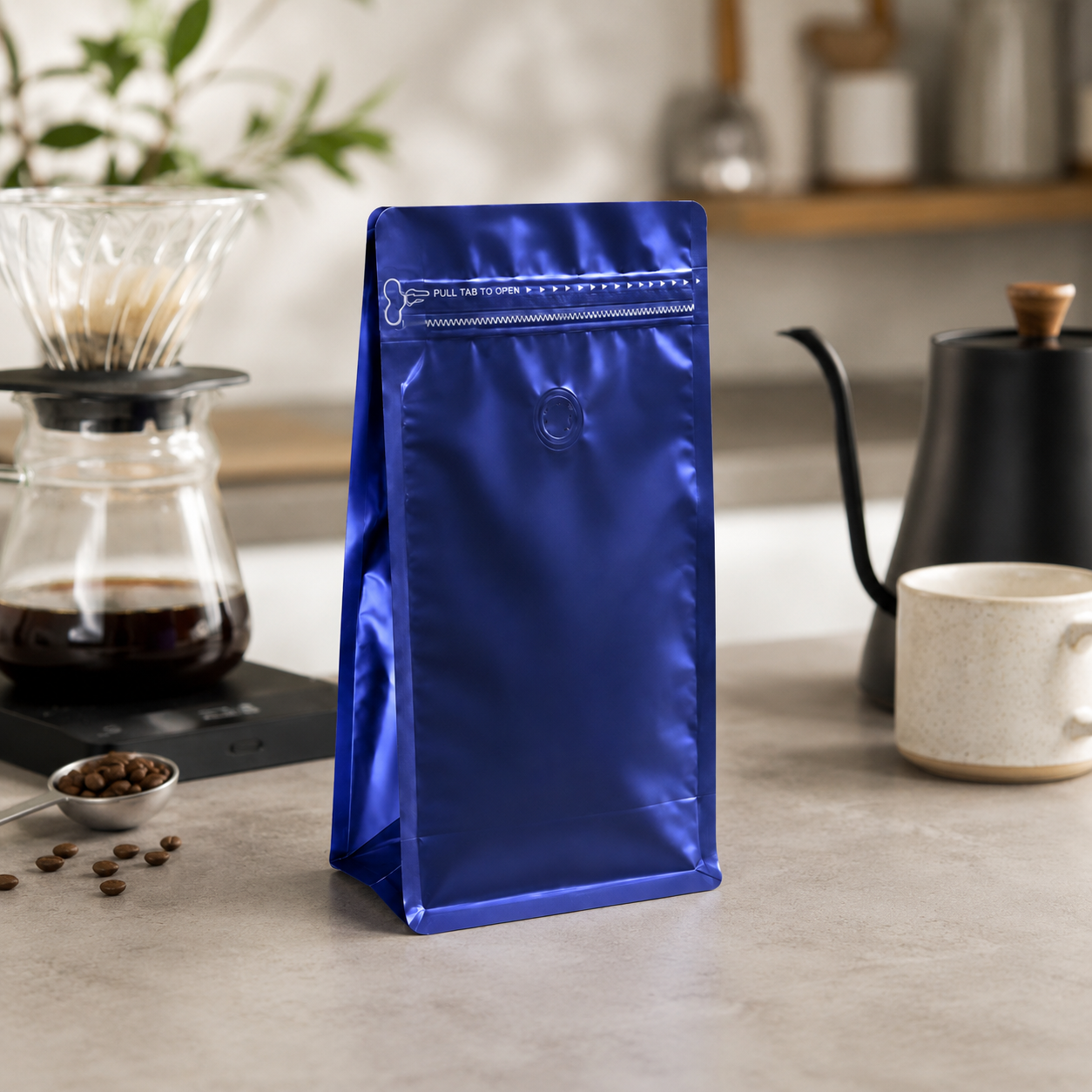 Bolsa Azul Metalizada Empaque para Cafe 250 g con Valvula y Zipper x 50 Unidades