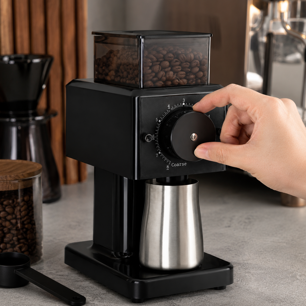 Molino Electrico Cafe de Muelas Planas en Acero Inoxidable con 8 Ajustes | Tolva de 250g y 180W