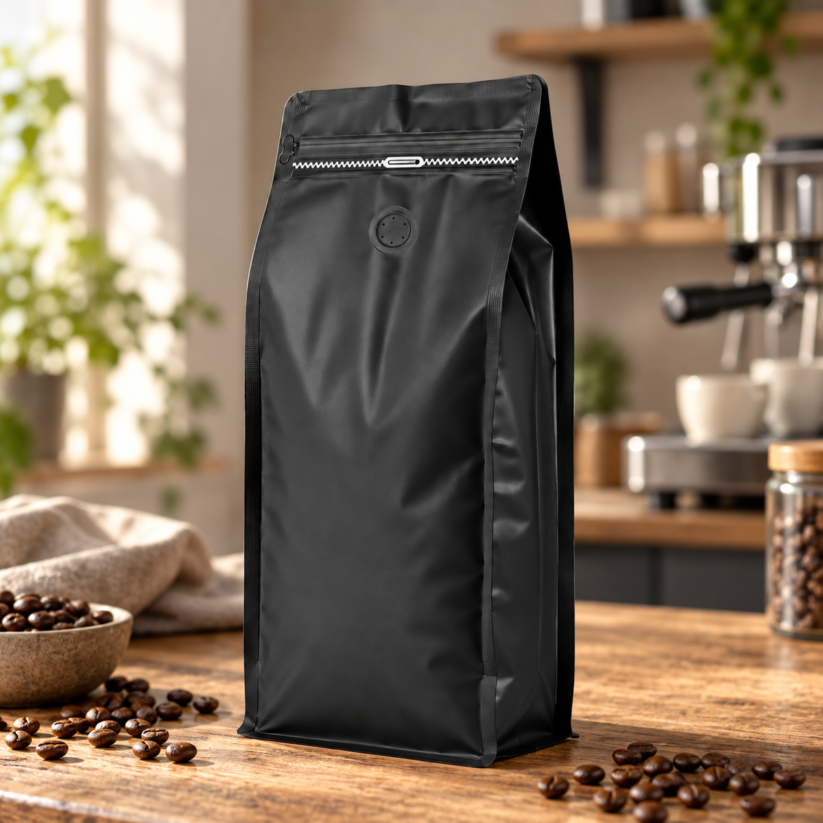 Bolsa Negra 500g para Cafe con Zipper y Valvula | 13.5 x 26 cm
