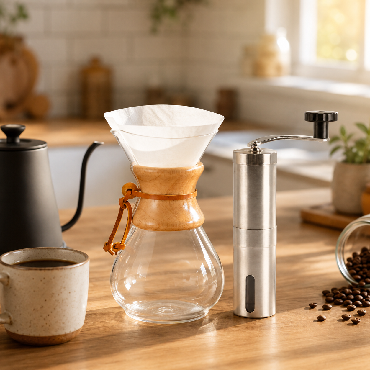 Kit de Cafe Cafetera Metodo Tipo Chemex 400ml con Molino Manual Acero Inoxidable