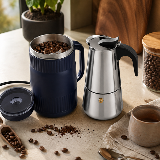 Kit Cafetera Moka Italiana de Acero Inoxidable + Molino Electrico 125g