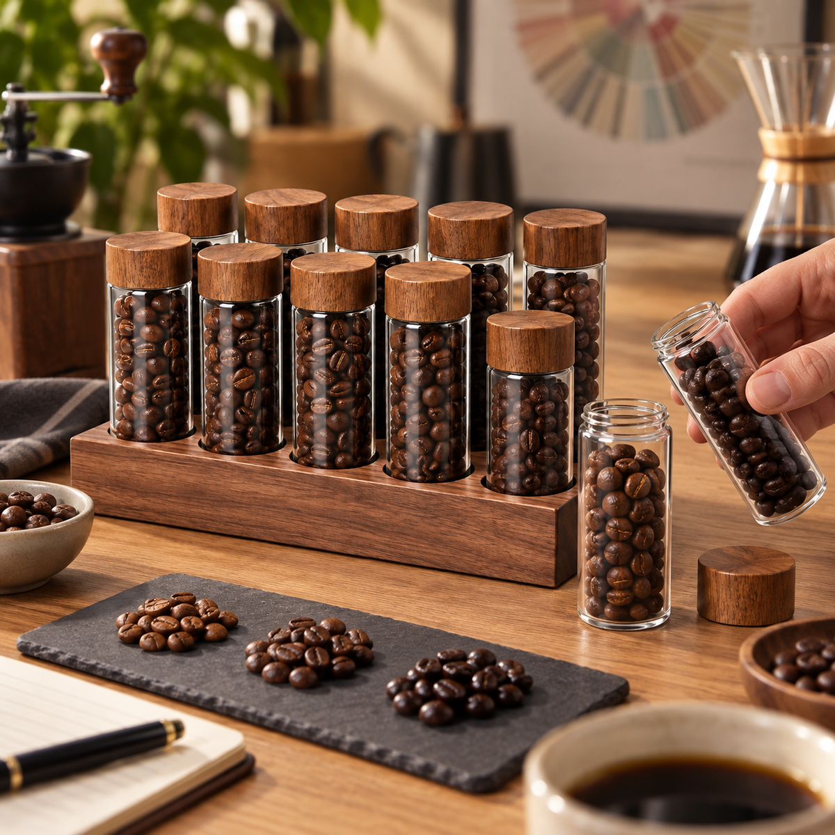Set Dosificador de Cafe con 12 Tubos de Vidrio y Base de Madera
