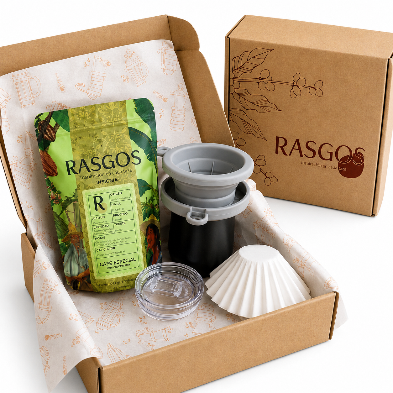 Kit Cafetero Dripper Tipo Kalita Viajero Plegable con Termo Elegante y Cafe Especial Tueste Medio
