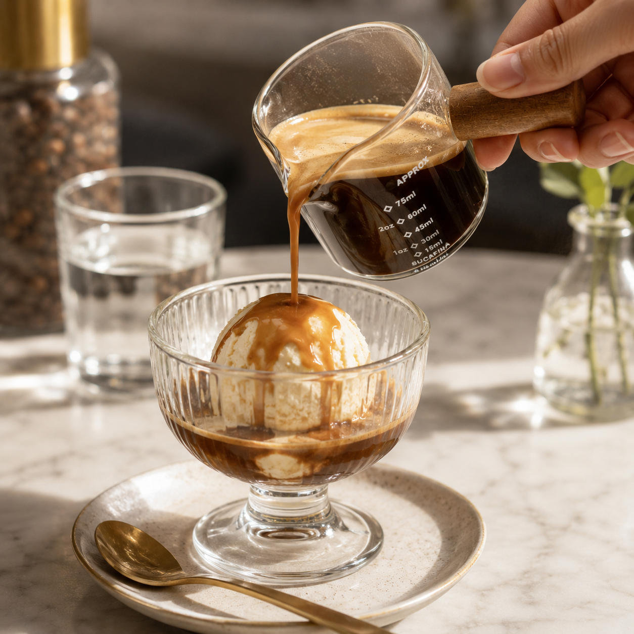 Vaso Medidor para Espresso 75 ml en Vidrio con Mango de Madera