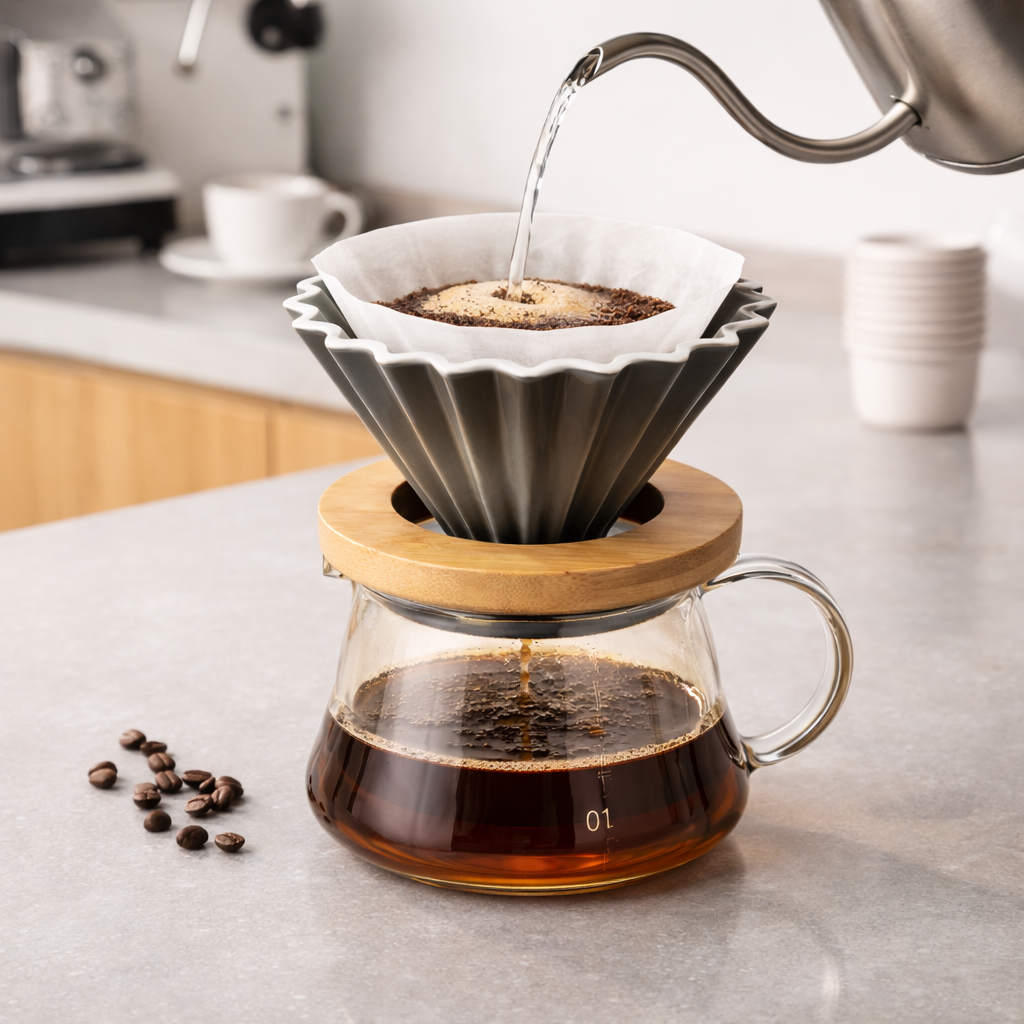 Cafetera Dripper Origami Negro Flower Ceramico 01 con Base de Madera