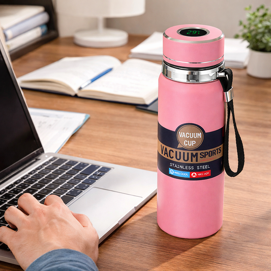 Termo Termico con Termometro en Pantalla Digital Rosado 600ml Acero Inox