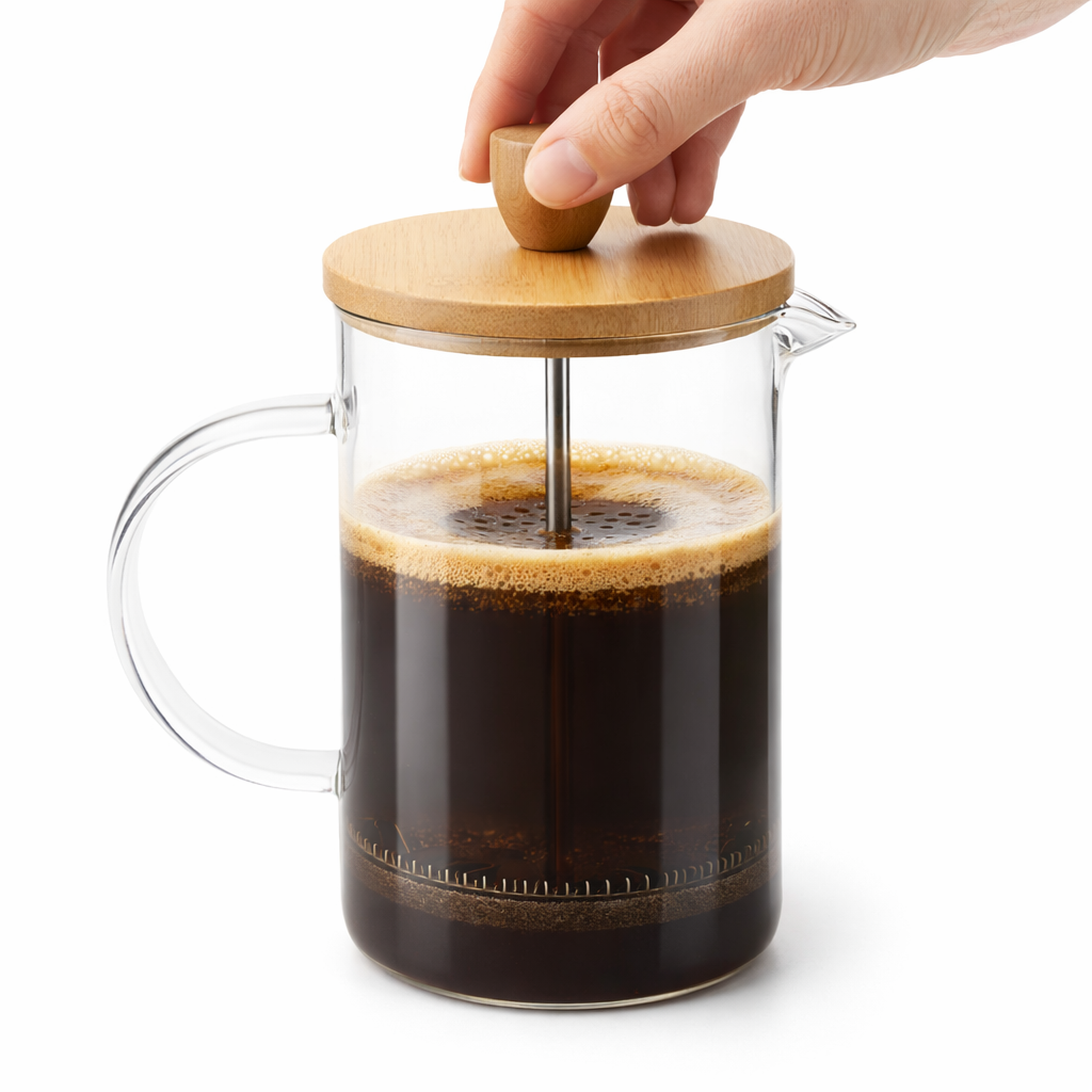 Cafetera Prensa Francesa Transparente 1 Litro Tapa Bambú Filtro Acero Inoxidable