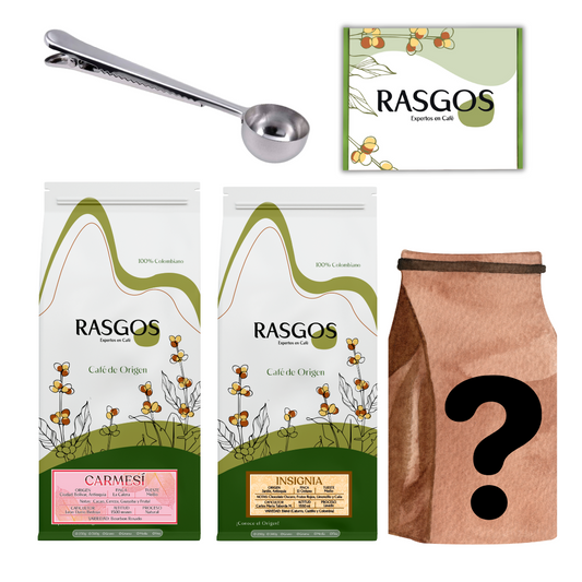 Café Colombiano x3 | Trilogía Cafetera: Café Insignia 250 g + Café Carmesi 250 g + Café Exotico Sorpresa 250 g + Cuchara Medidora