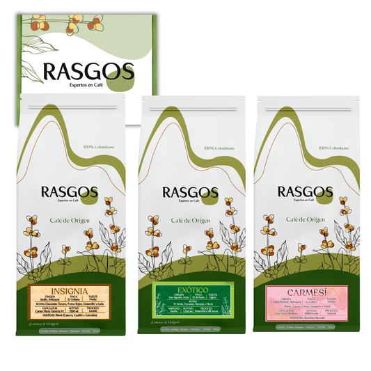 Kit Café Colombiano RASGOS x3 | Café Insignia 250 g + Café Carmesi Bourbon Rosado 250 g + Café Exotico Gesha 250 g