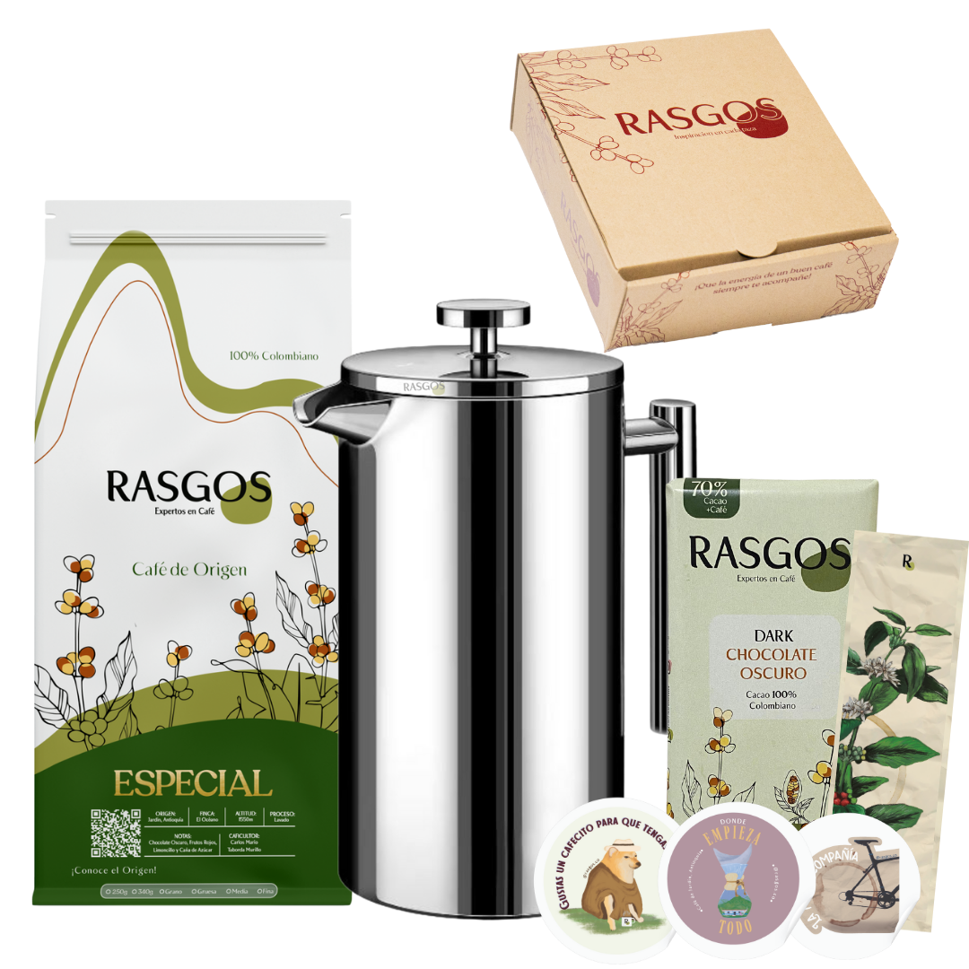 Kit Prensa en Acero Inoxidable 350ml +Cafe Especial Insignia 250gr + Chocolatina de Cacao