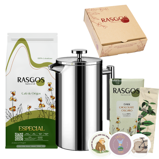 Kit Prensa en Acero Inoxidable 350ml +Cafe Especial Insignia 250gr + Chocolatina de Cacao