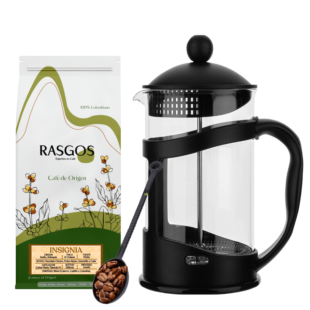 Combo de iniciación | Cafetera Prensa Francesa 350ml + Cuchara Medidora 10g + Café Insignia Rasgos 250g