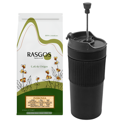 Combo Viajero del Café | Termo Prensa Viajera Negra 350 ml + Café Insignia Rasgos 250 g