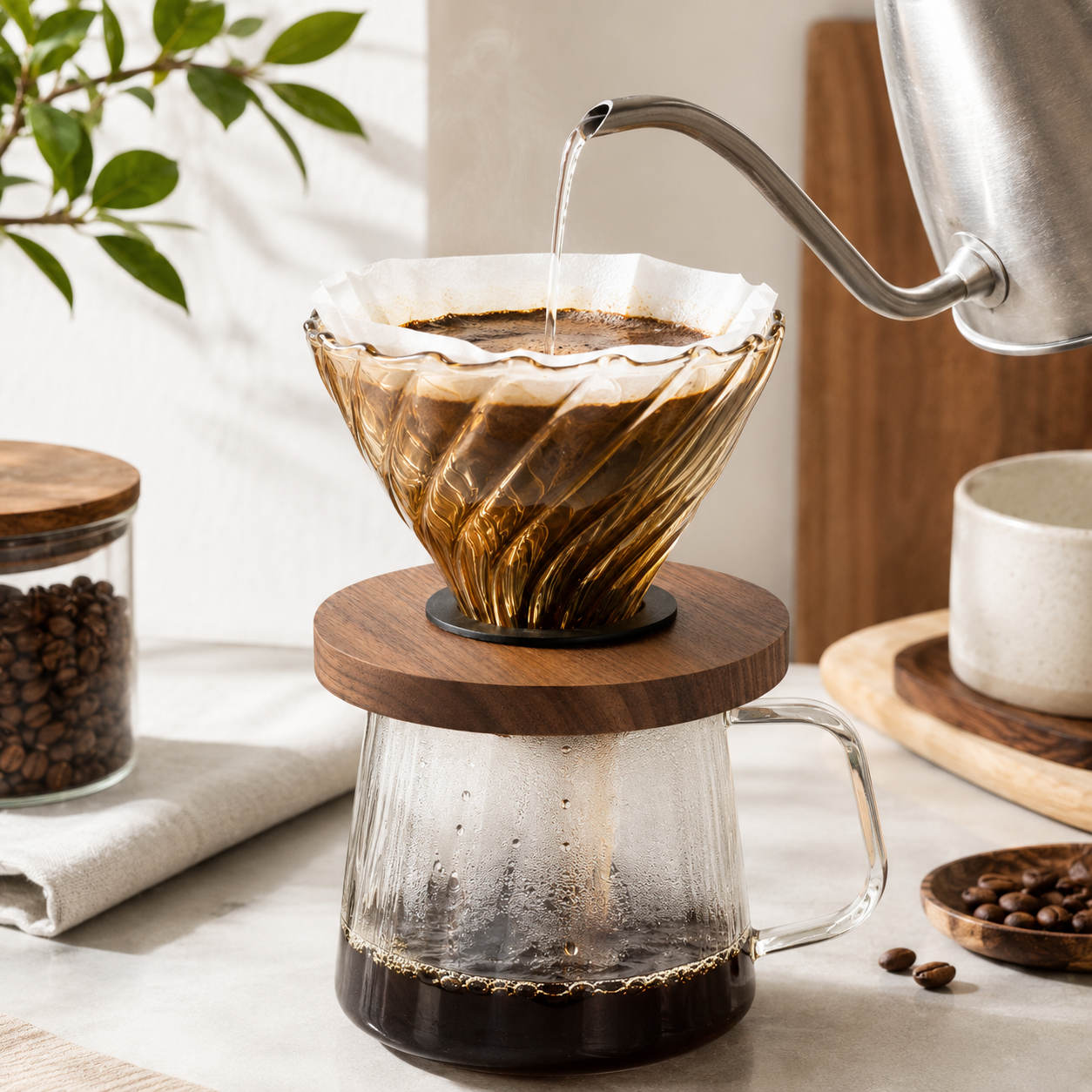 Cafetera Metodo V60 Dripper 02 de Vidrio con Base de Madera
