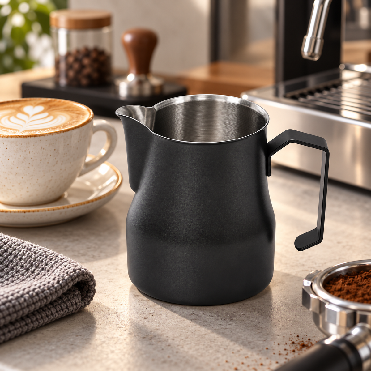 Jarra Cremadora Pitcher Negra Pico Redondo 350 ml para Latte Art