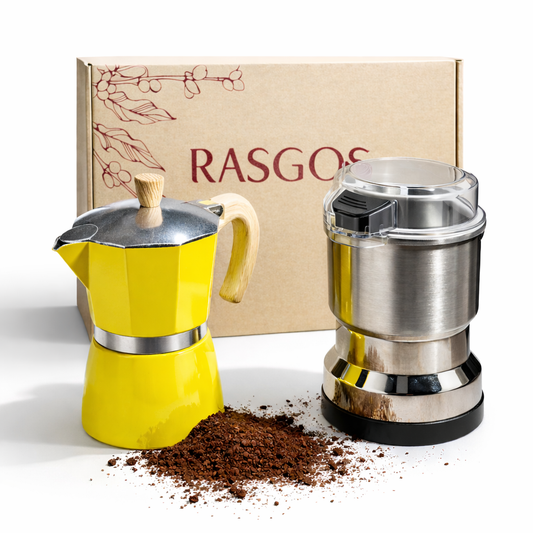 Kit Cafetera Espresso Casero Moka Italiana Aluminio 6 tazas con Molino Electrico Cuchillas Acero Inoxidable