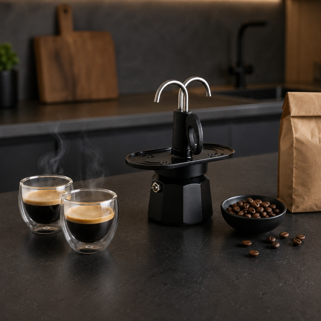 Kit Elegante Cafetera Italiana Moka Mini Express Negra 2 Tazas con Vasos Incluidos