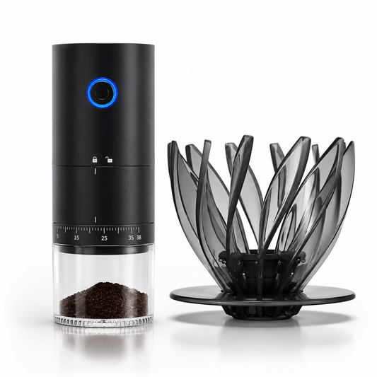 Kit Suiren negro con molino eléctrico de 38 niveles sobre fondo blanco