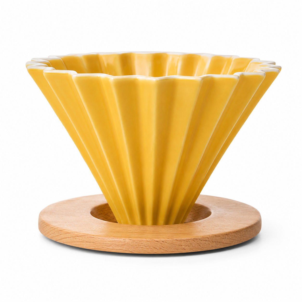 Cafetera Dripper Metodo Origami de Ceramica Tamaño 01 Amarillo con Base de Madera