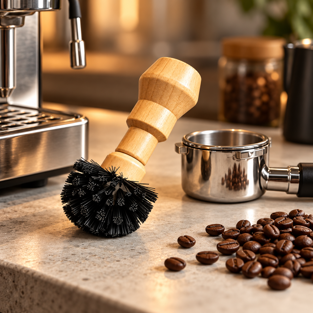 Cepillo Barista para Limpieza de Portafiltro con Mango de Madera