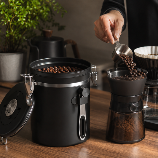 Recipiente de Cafe Hermetico Negro con Cuchara Medidora 700 g