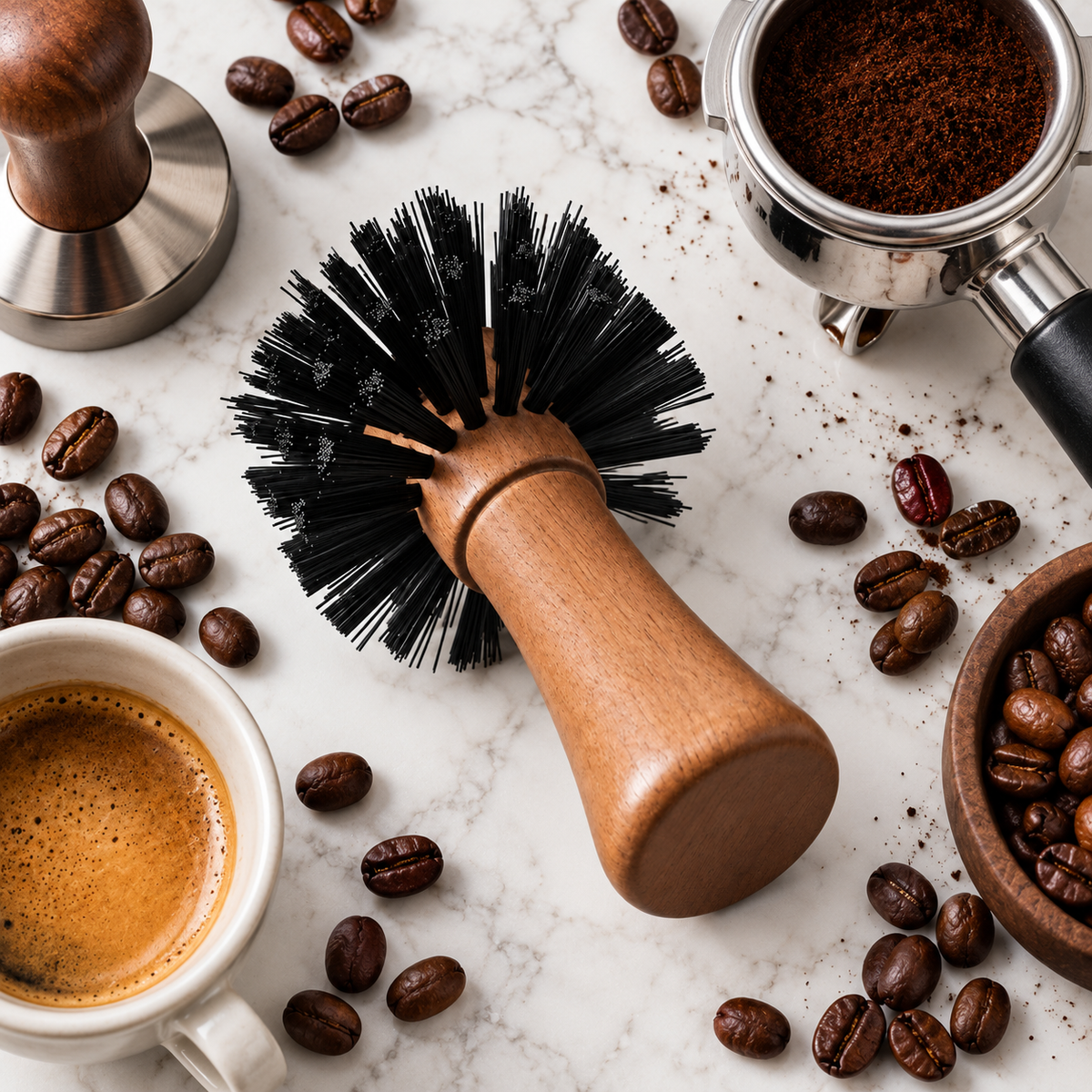 Cepillo Barista de Limpieza para Molino y Espresso – Mango de Madera