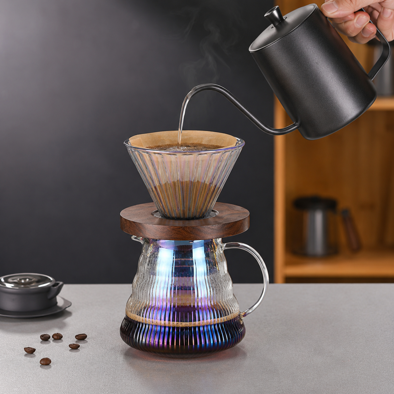 Cafetera Metodo V60 Dripper 02 | Con Base Madera para Cafe Filtrado