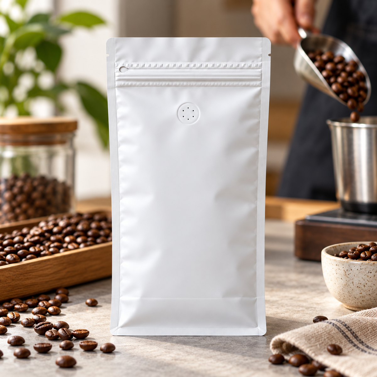 Bolsa Blanca para Cafe 500g con Valvula y Zipper