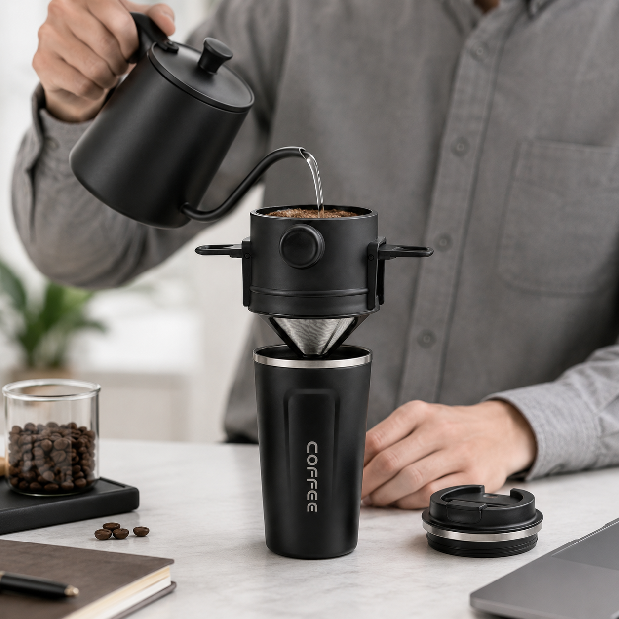 Kit Cafe Viajero con Termo Termico 510 ml y Filtro Reutilizable Portatil Acero V60