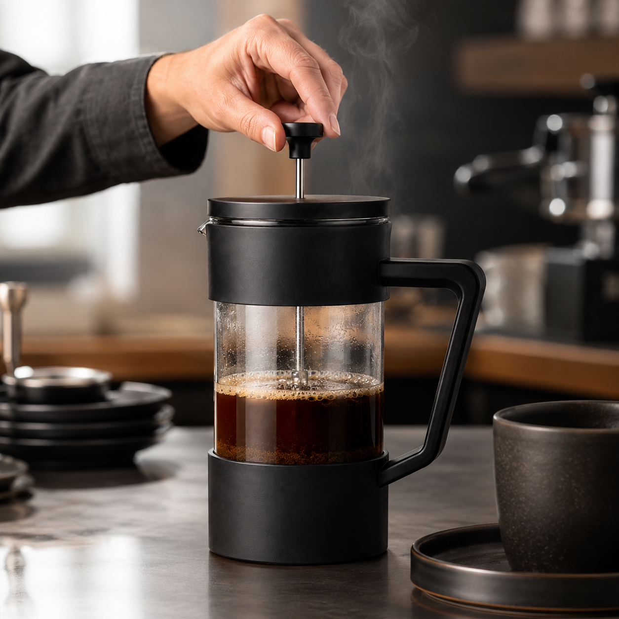 Cafetera Prensa Francesa Negra 600 ml – Cafe de Inmersion con Mas Cuerpo y Aroma