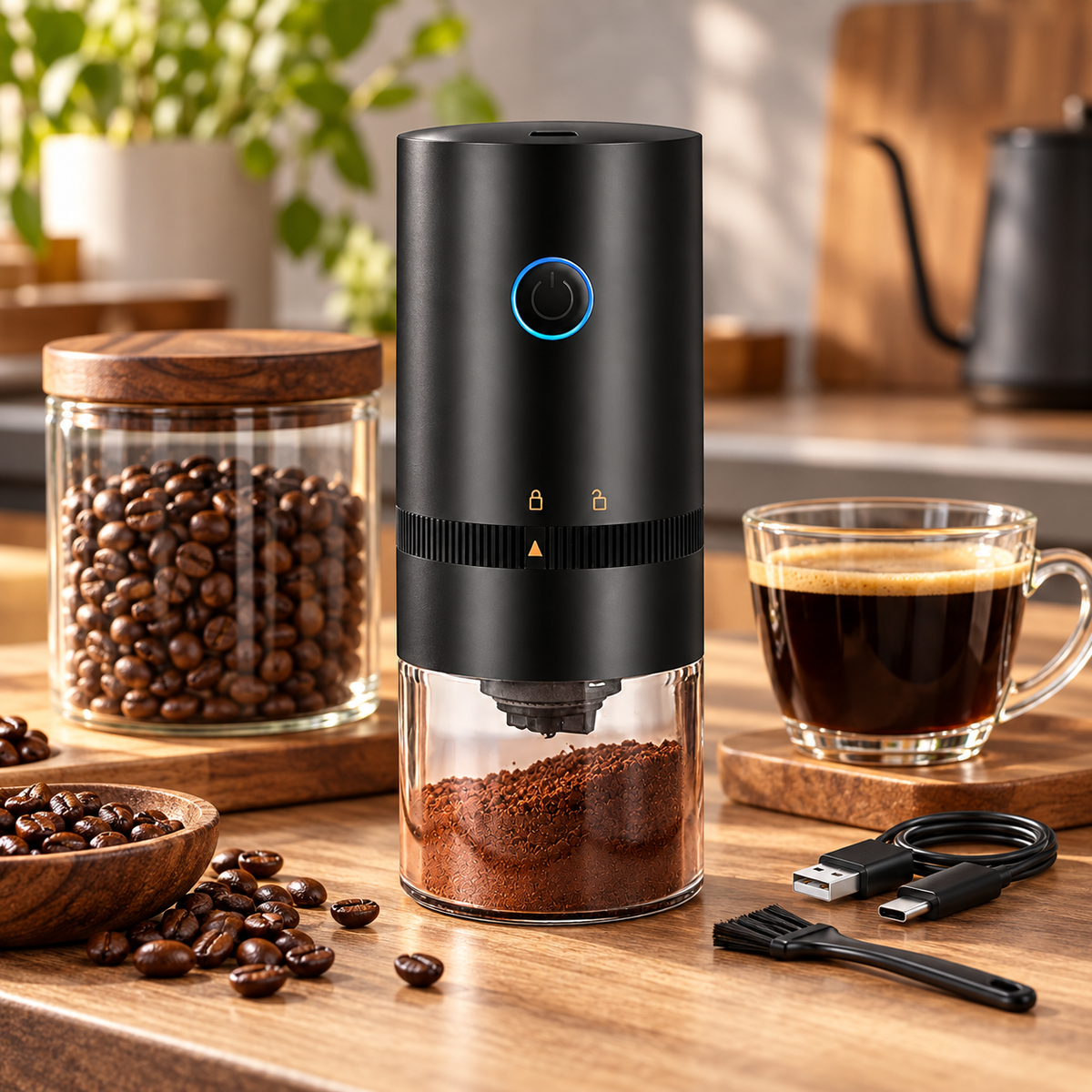 Molino Electrico Conico Portatil con Puerto USB Negro